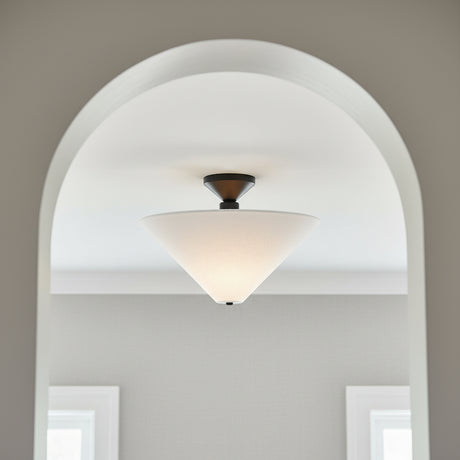 Sabina Semi-Flush Mount 16" Matte Black with Linen Shade for Modern home with White Siding