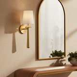 Sabina Wall Sconce 18", Brushed Brass for Modern home with Textured Beige walls