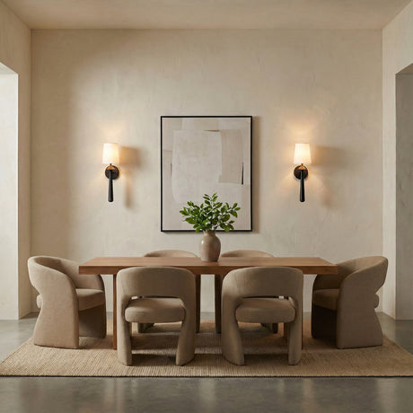 Sabina Wall Sconce 18", Matte Black linear Wall Sconce in a Modern Dining Room with organic upholstered dining chairs.