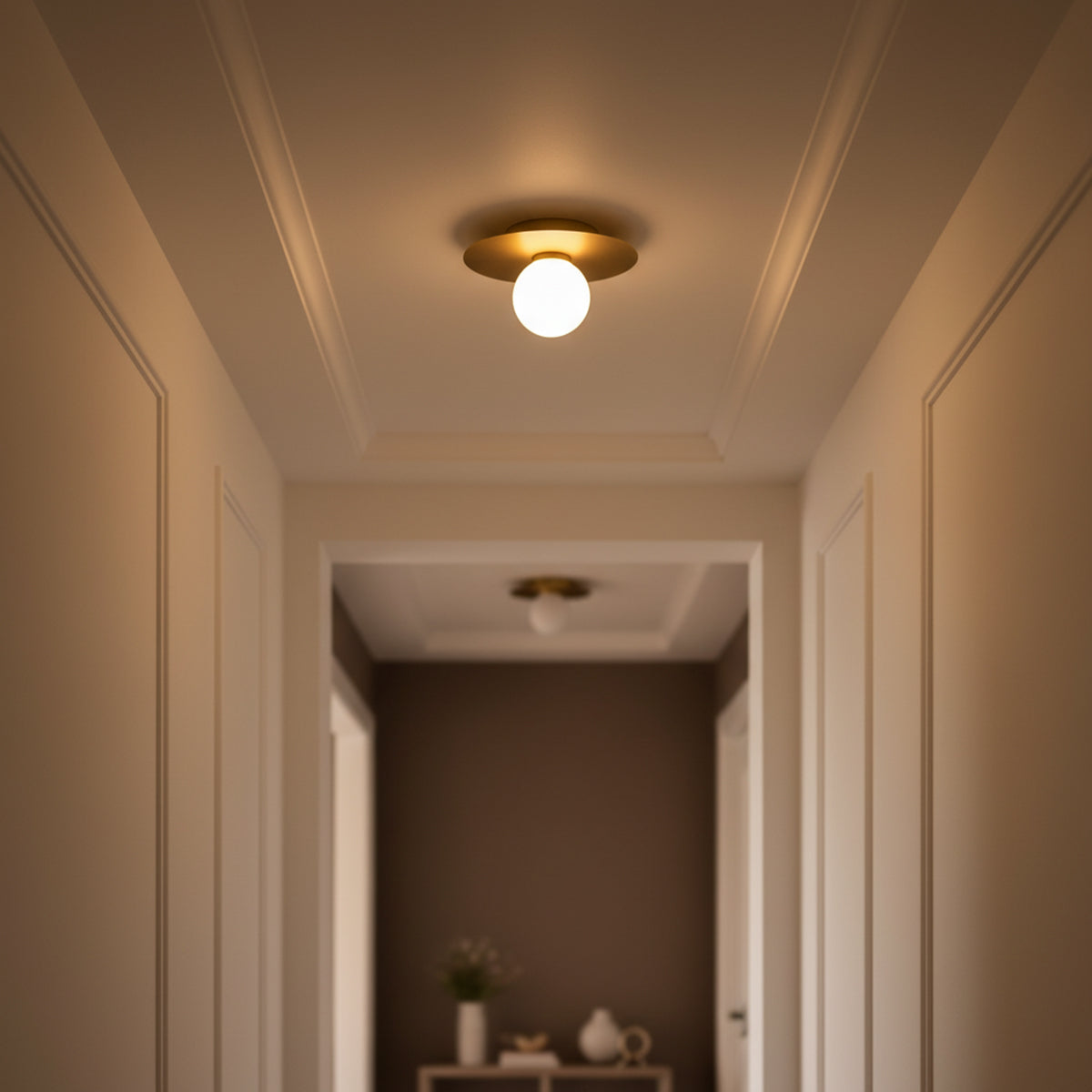 Sol LED Flush Mount 10", Brushed Brass for Modern home with Cream Walls