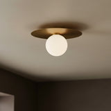 Sol LED Flush Mount 14", Brushed Brass for Modern home with Warm Beige Ceiling