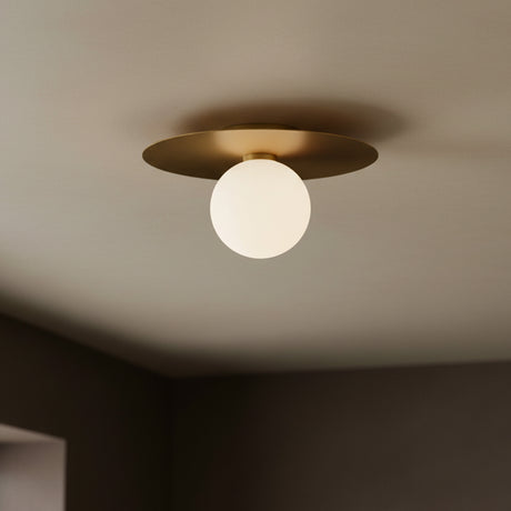 Sol LED Flush Mount 14", Brushed Brass for Modern home with Warm Beige Ceiling