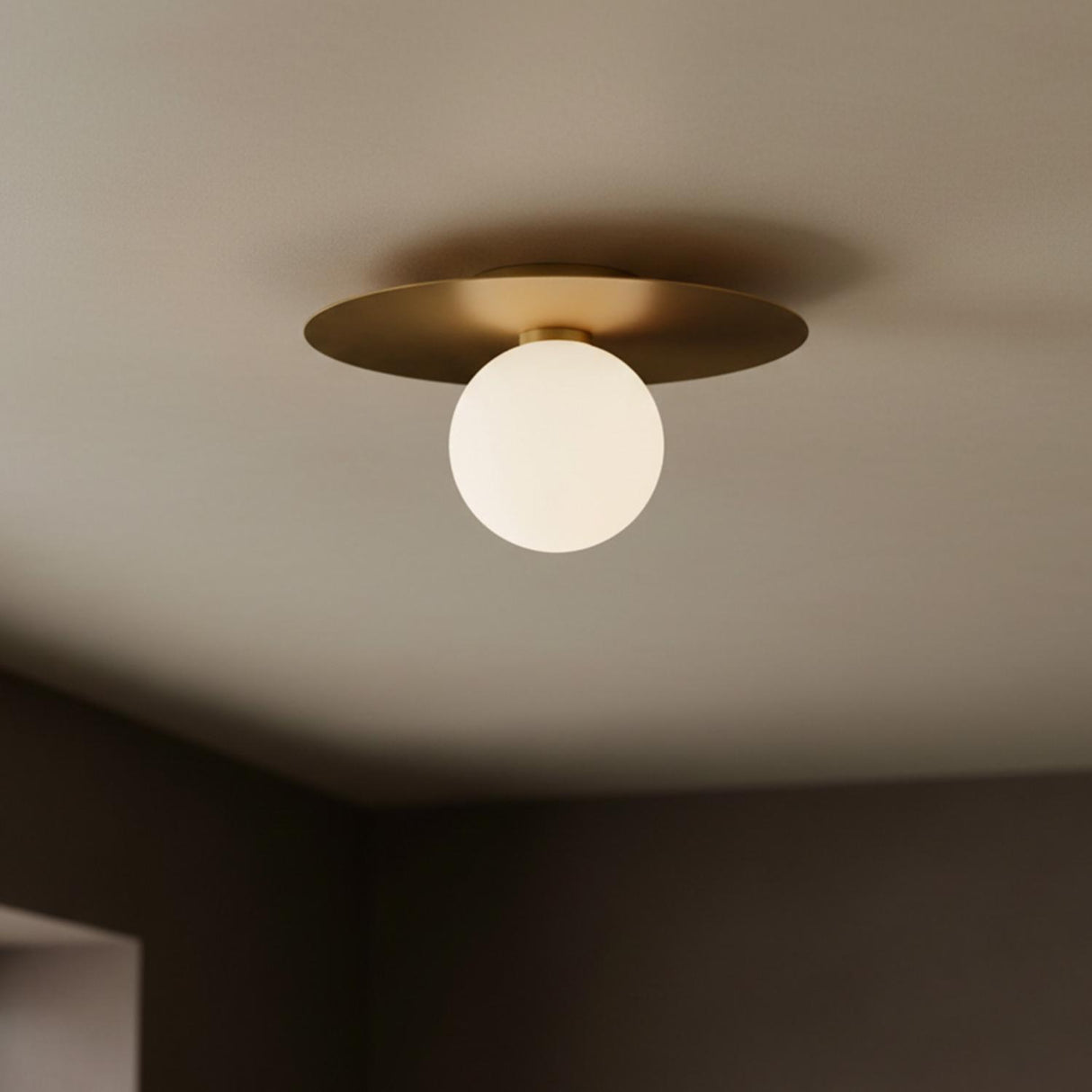 Sol LED Flush Mount 14", Brushed Brass for Modern home with Warm Beige Ceiling