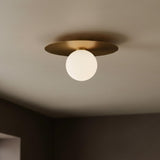 Sol LED Flush Mount 14", Brushed Brass for Modern home with Warm Beige Ceiling