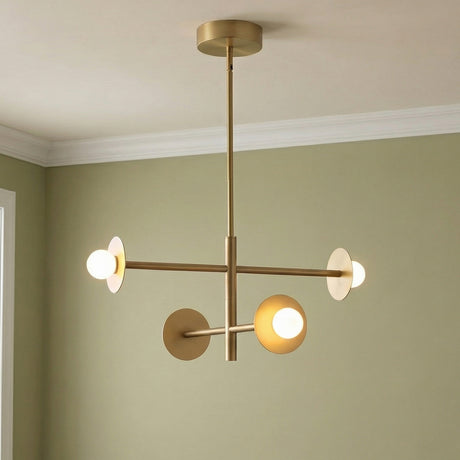 Sol LED Chandelier 23", Brushed Brass geometric chandelier in a Mid-Century Living Room with sage green walls.