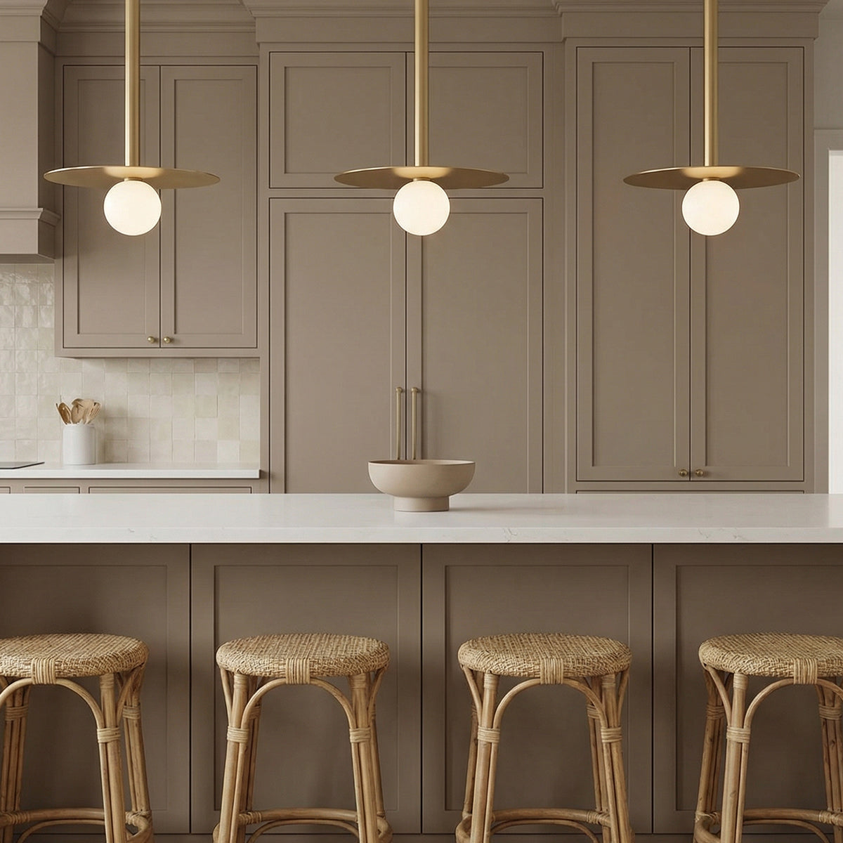 Sol LED Pendant 19", Brushed Brass for Modern home with Taupe Wood