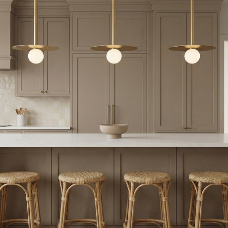 Sol LED Pendant 19", Brushed Brass for Modern home with Taupe Wood