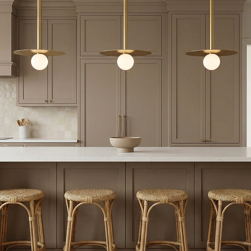 Sol LED Pendant 19", Brushed Brass for Modern home with Taupe Wood