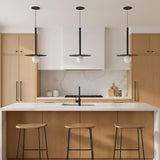 Sol LED Pendant 19, Matte Black - Three pendant lights above kitchen island