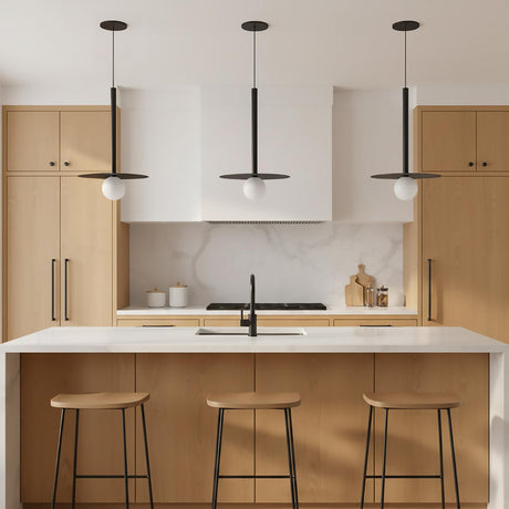 Sol LED Pendant 19, Matte Black - Three pendant lights above kitchen island