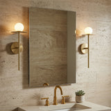 Sol LED Wall Sconce 16", Brushed Brass for Modern home with Beige Stone