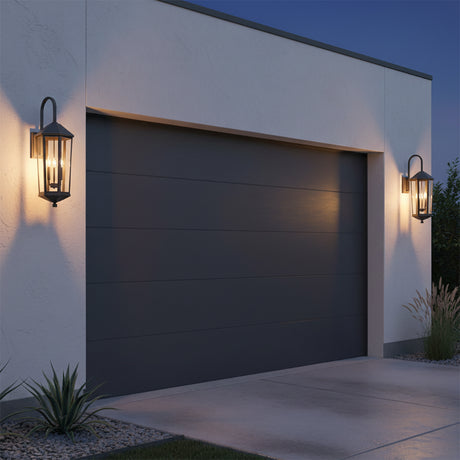 Asbury Outdoor Wall Light, Large 36" Oiled Bronze - Two bronze sconces flanking a gray garage door at dusk