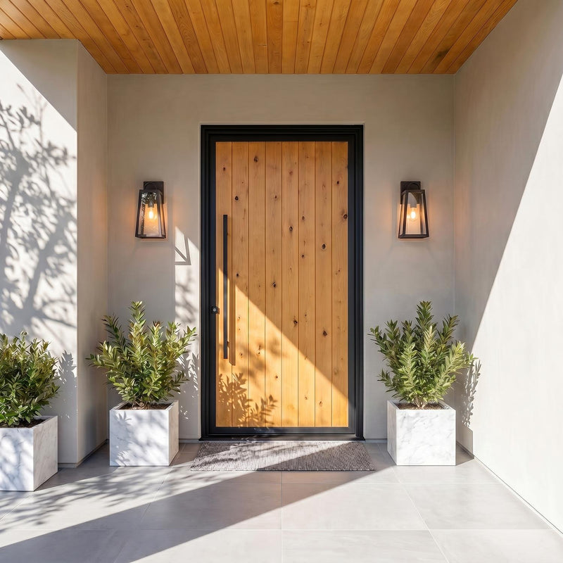 A modern home entry with two Alden Outdoor Wall Light, Small 16" Oiled Bronze lanterns flanking the wood front door on a cream stucco facade with marble planters.