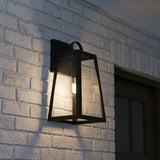Alden Outdoor Wall Light, Small 16" Black for Modern Farmhouse home with White Brick