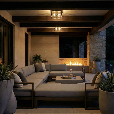 Alden Outdoor Flush Mount, Oiled Bronze geometric flush mount in a Modern Farmhouse Outdoor space with a grey sectional and stone fireplace.