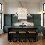 Nash Pendant 14”, Matte Black geometric Pendant in a Modern Kitchen with dark green cabinets and a marble backsplash.