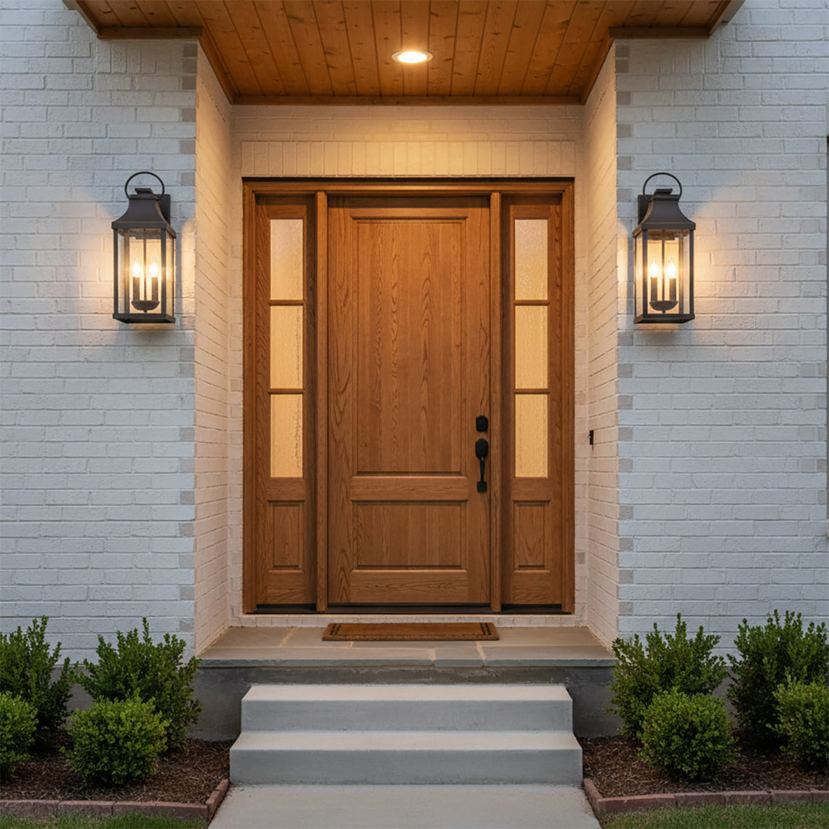 Ainsley Outdoor Wall Light, Medium 21" Oiled Bronze - Front entrance with two bronze lanterns