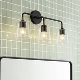 Malin 3 Light Vanity, Matte Black with Brass Accents for Modern home with Green Tile