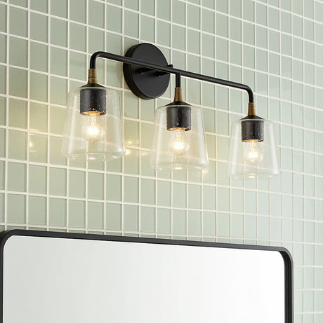 Malin 3 Light Vanity, Matte Black with Brass Accents for Modern home with Green Tile