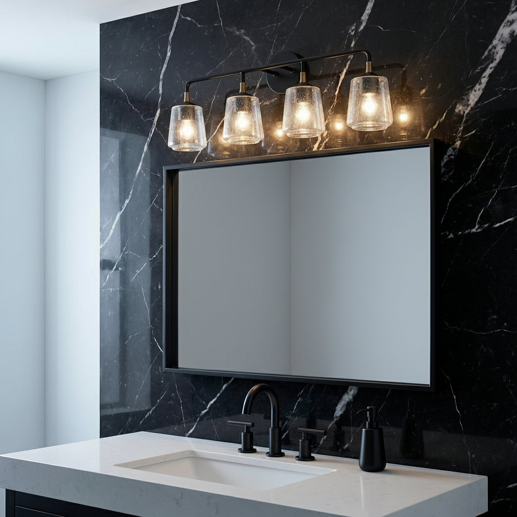 Malin 4 Light Vanity, Matte Black with Brass Accents for Modern home with Black Marble