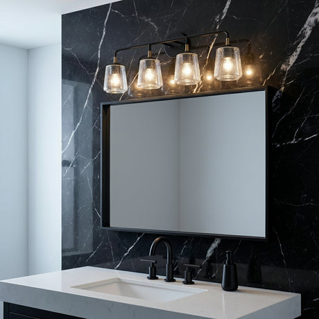 Malin 4 Light Vanity, Matte Black with Brass Accents for Modern home with Black Marble