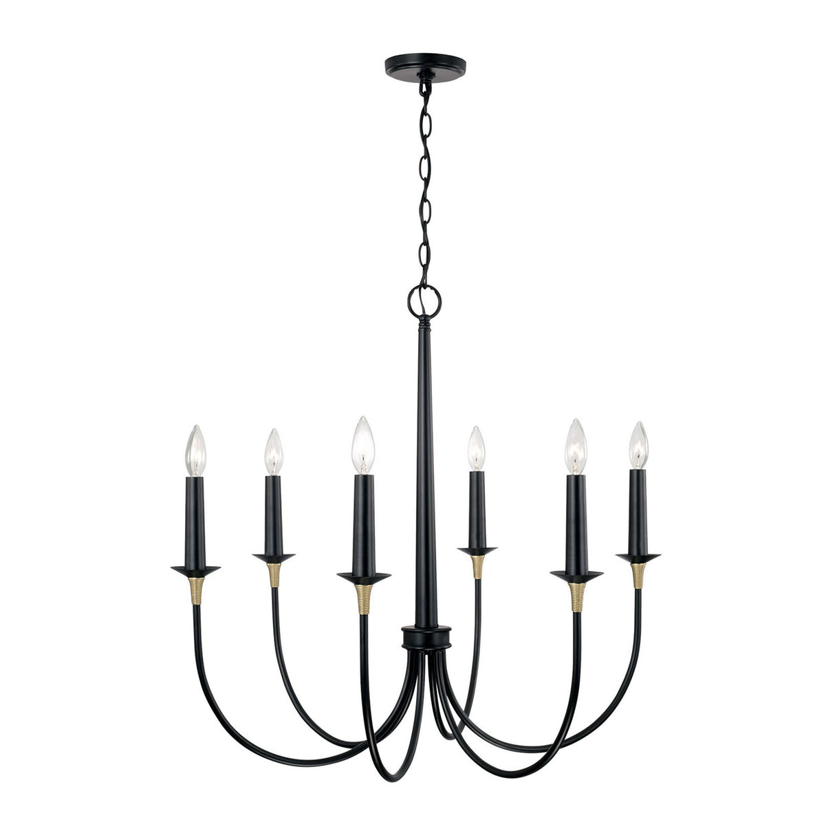 Malin 6 Light Chandelier 30", Matte Black with Brass Accents
