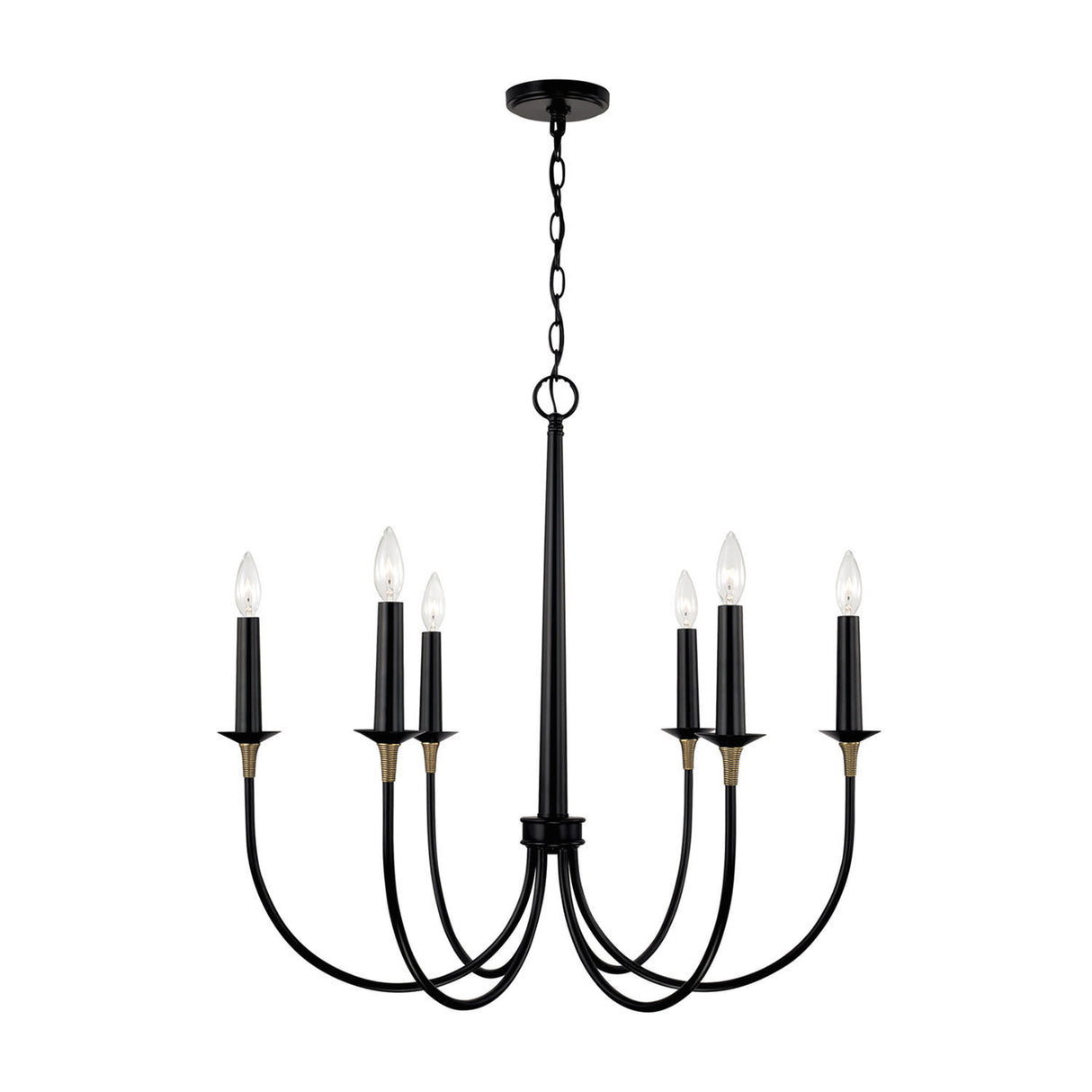 Malin 6 Light Chandelier 30", Matte Black with Brass Accents