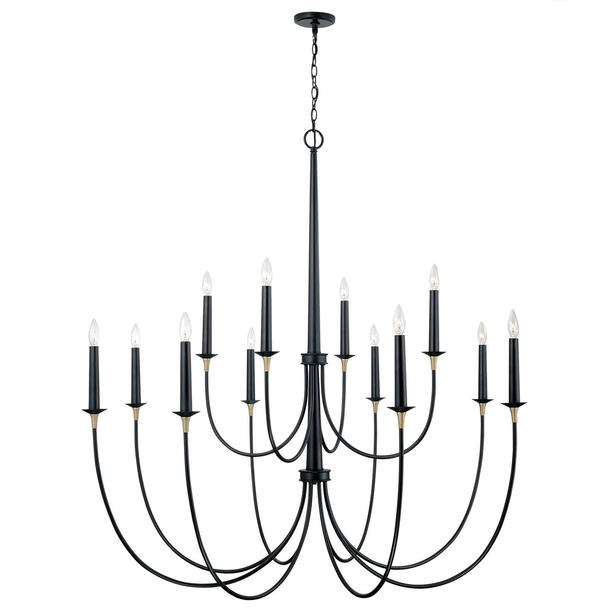 Malin 12 Light Two-Tier Chandelier 54", Matte Black with Brass Accents