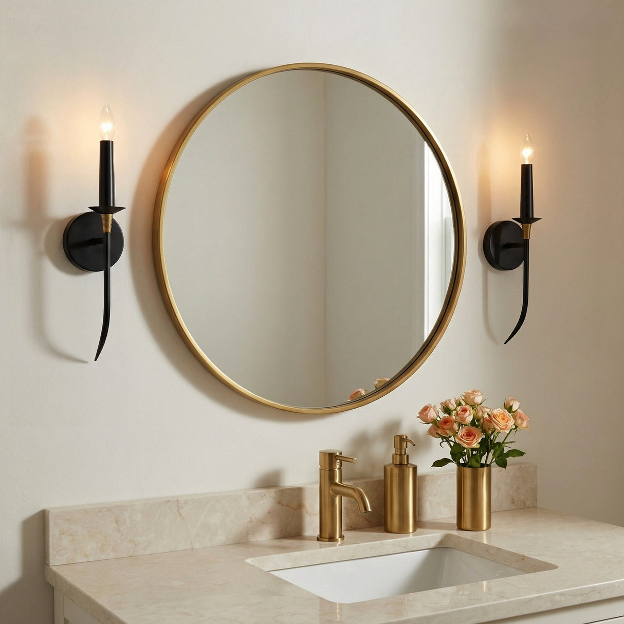 Malin Wall Sconce, Matte Black with Brass Accents for Transitional home with Cream Walls