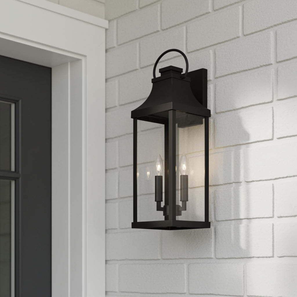 Ainsley Outdoor Wall Light, Large 24" Black for Modern Farmhouse home with White Brick