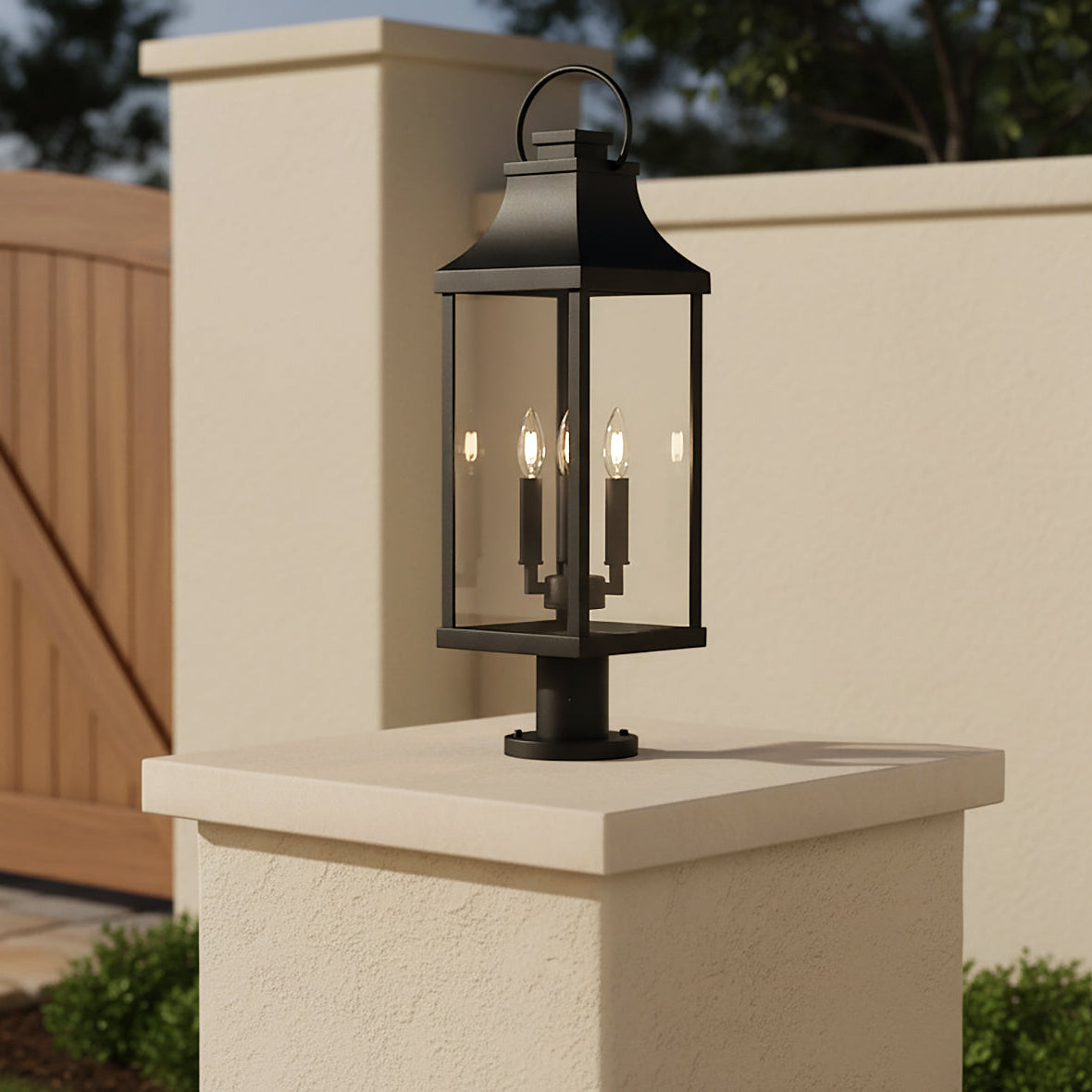 Ainsley Outdoor Post Light in black is shown on a round pier mount adapter.