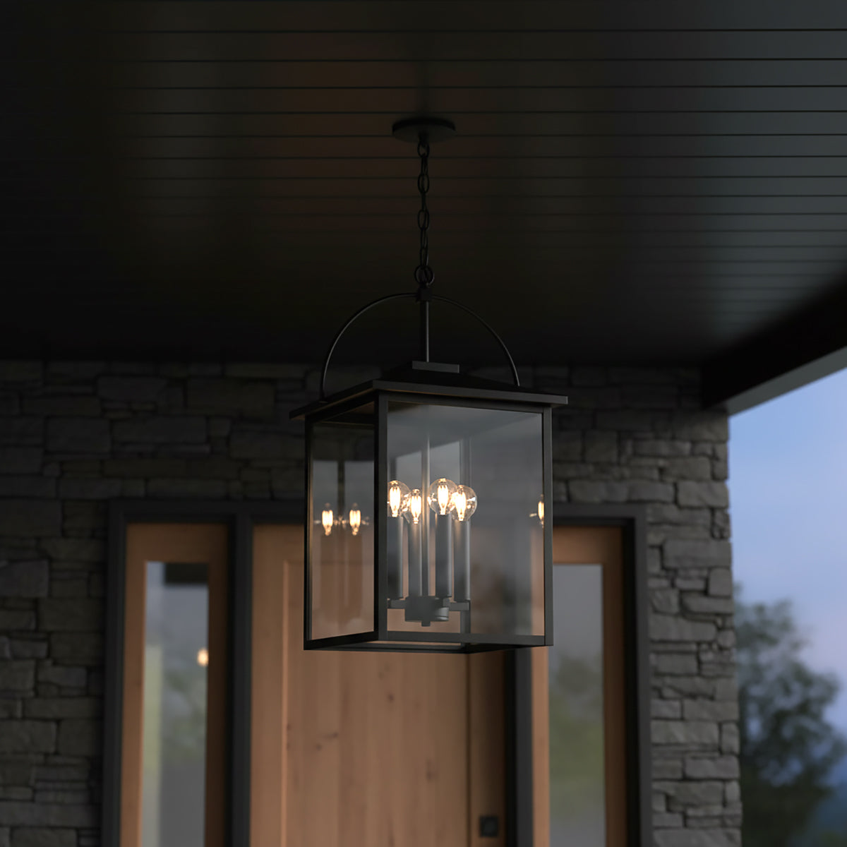 Darby Outdoor Hanging Light, Black for Modern Farmhouse home with Dark Gray Stone