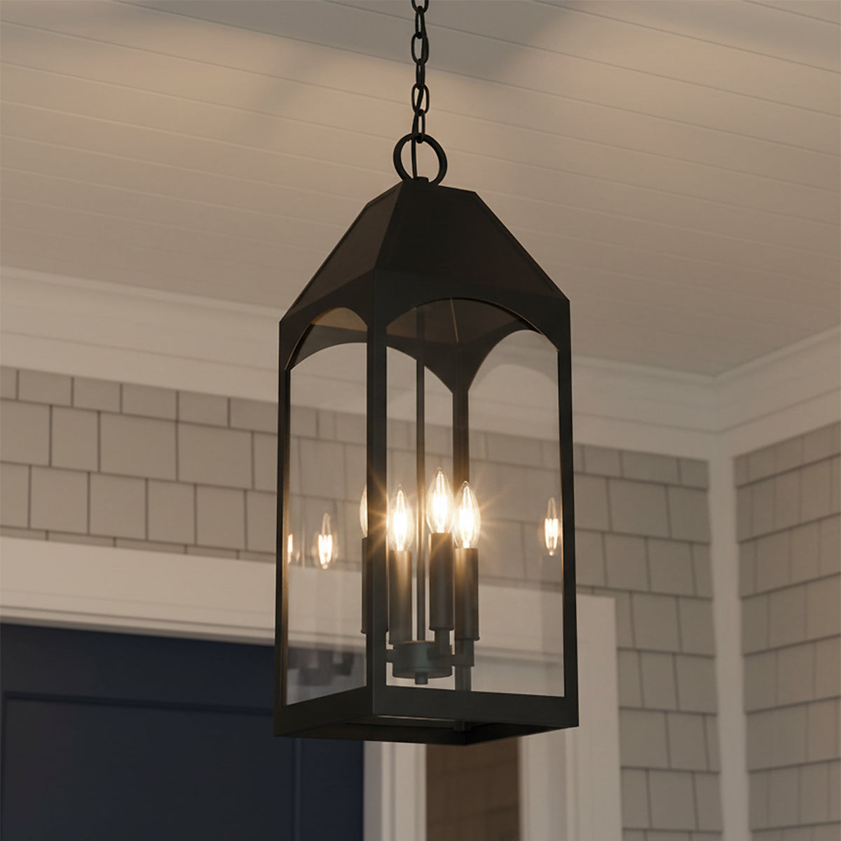 Chester Outdoor Hanging Light, Black for Modern Farmhouse home with Gray Siding
