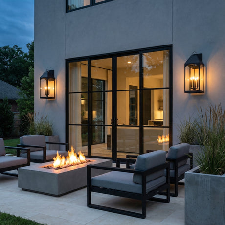Chester Outdoor Wall Light, Large 23" Black geometric Outdoor Wall in a Modern Outdoor with concrete fire pit and gray chairs.