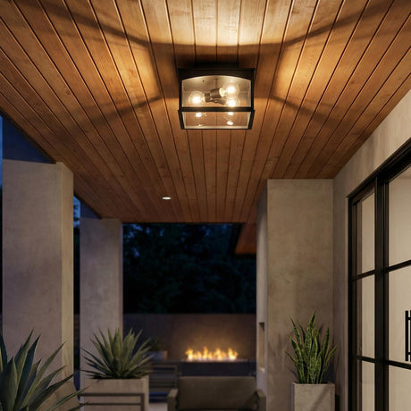 Chester Outdoor Flush Mount, Black geometric Flush Mount in a Modern Farmhouse Outdoor with a wood plank ceiling and outdoor fireplace.