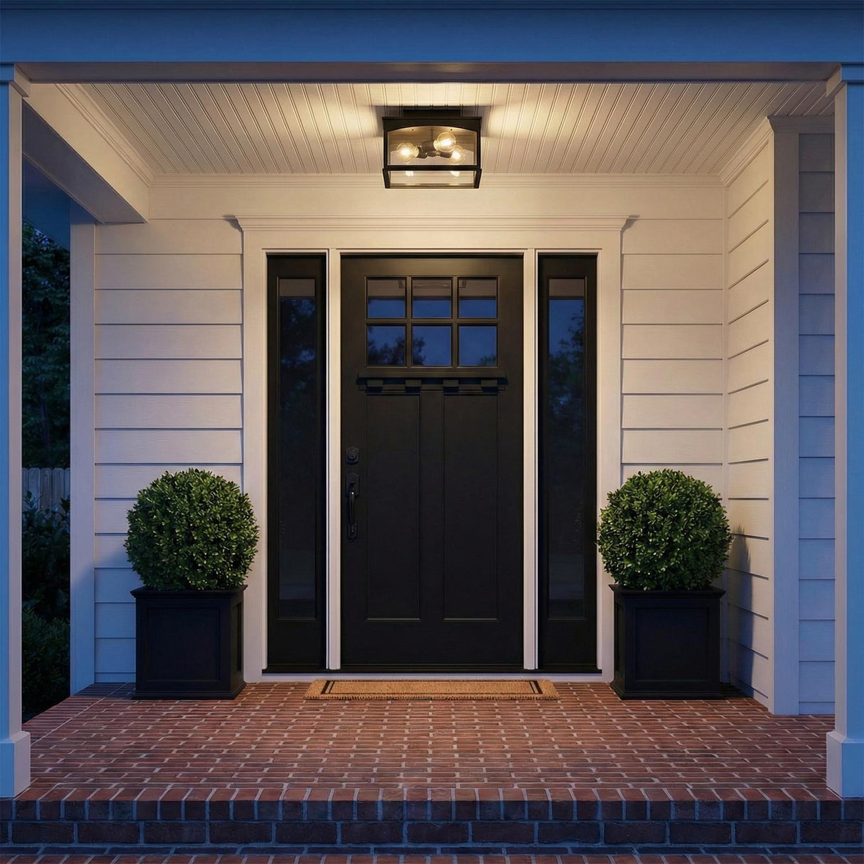 Chester Outdoor Flush Mount, Black geometric Flush Mount in a Modern Farmhouse Outdoor with a black door and boxwood topiaries.