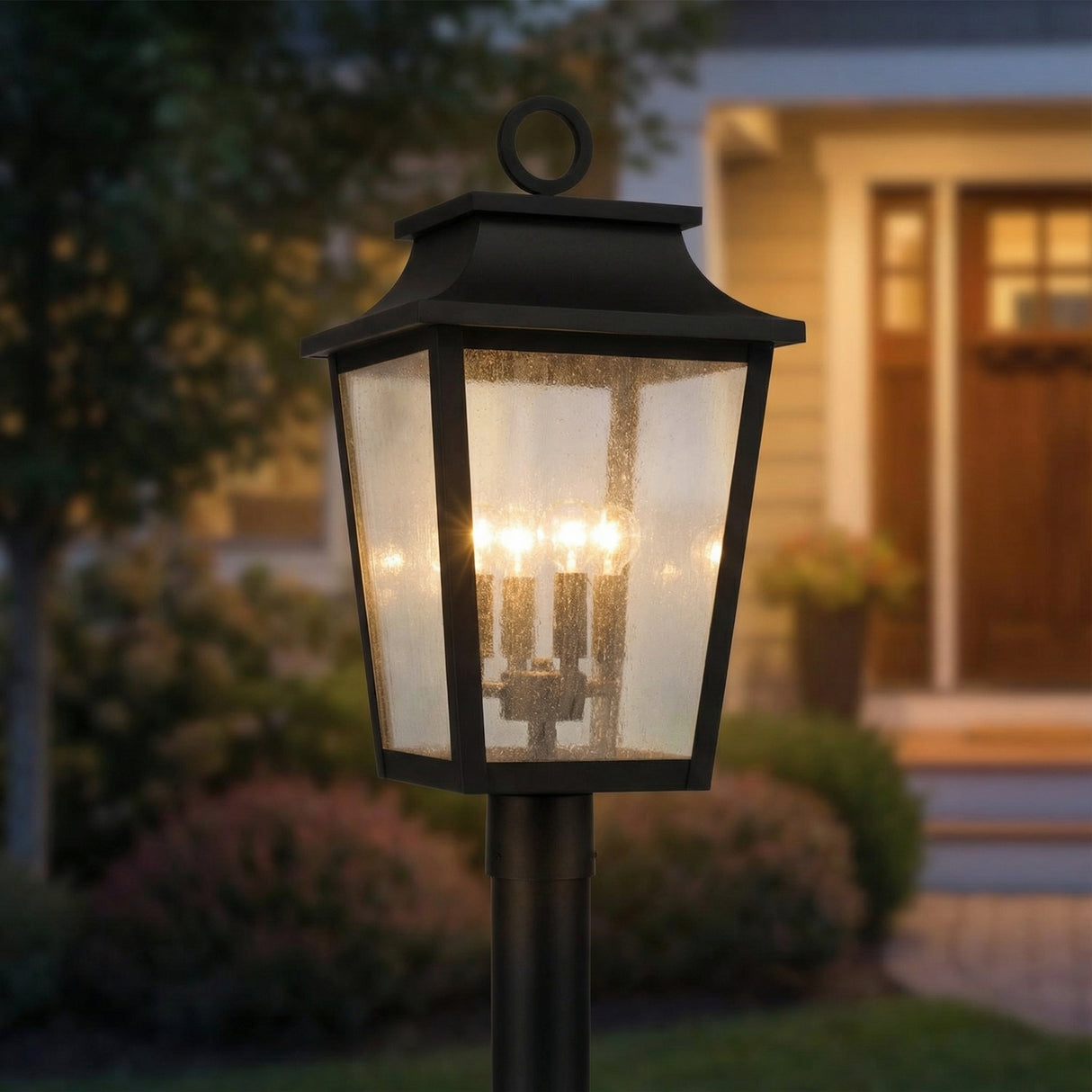 Beckett Outdoor Post Light, Black for Modern Farmhouse home with White Siding