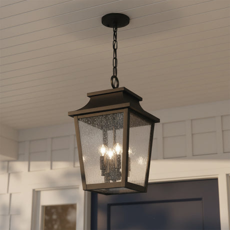 Beckett Outdoor Hanging Light, Black for Modern Farmhouse home with White Siding