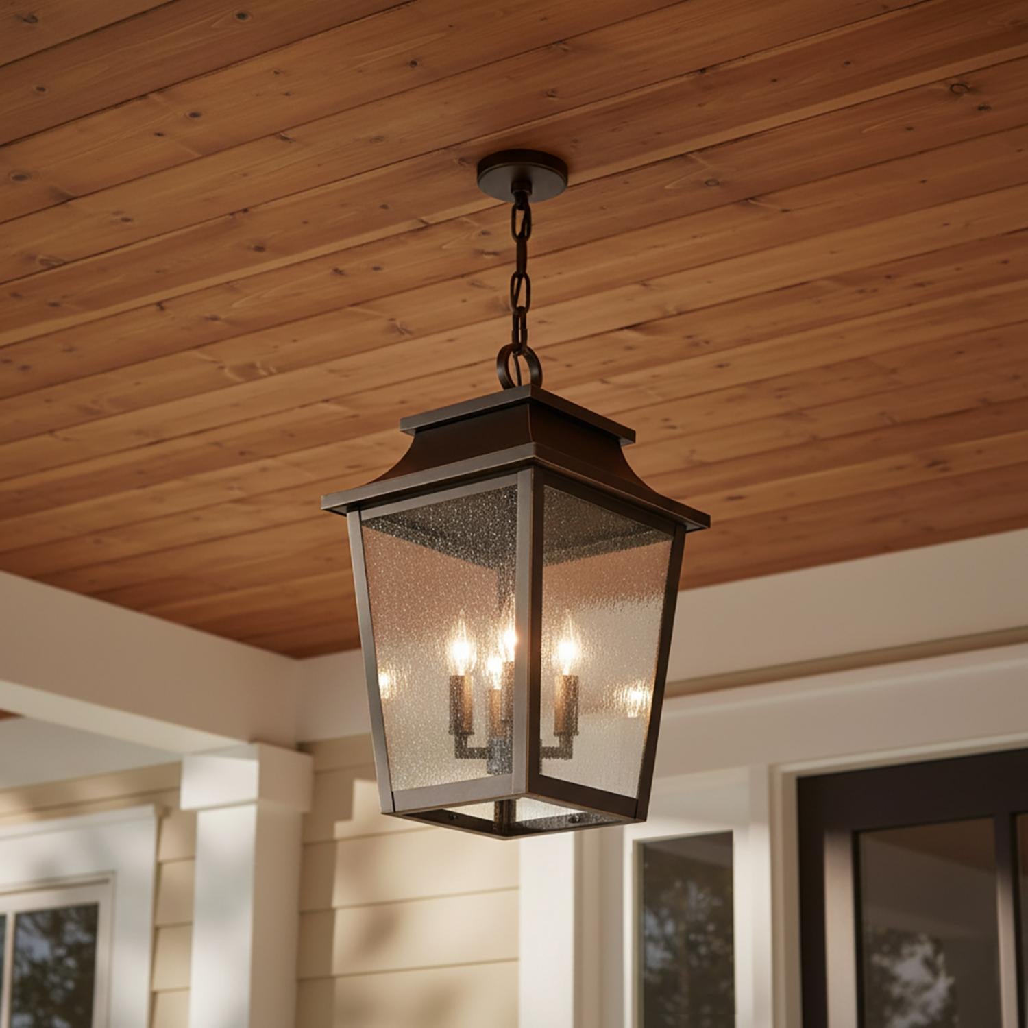 Beckett Outdoor Hanging Light, Oiled Bronze Finish & Clear Seeded