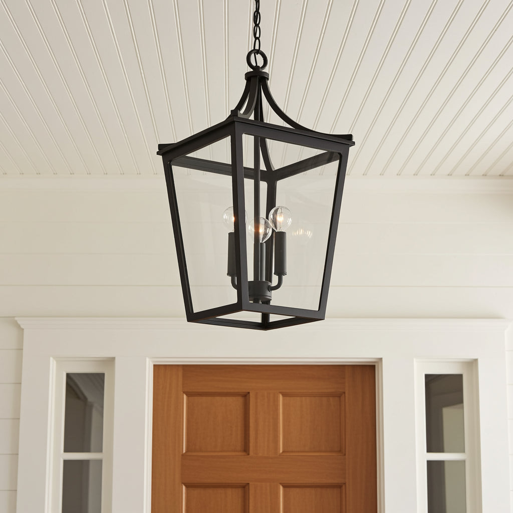 Ellery Outdoor Hanging Light, Black for Modern Farmhouse home with White Siding