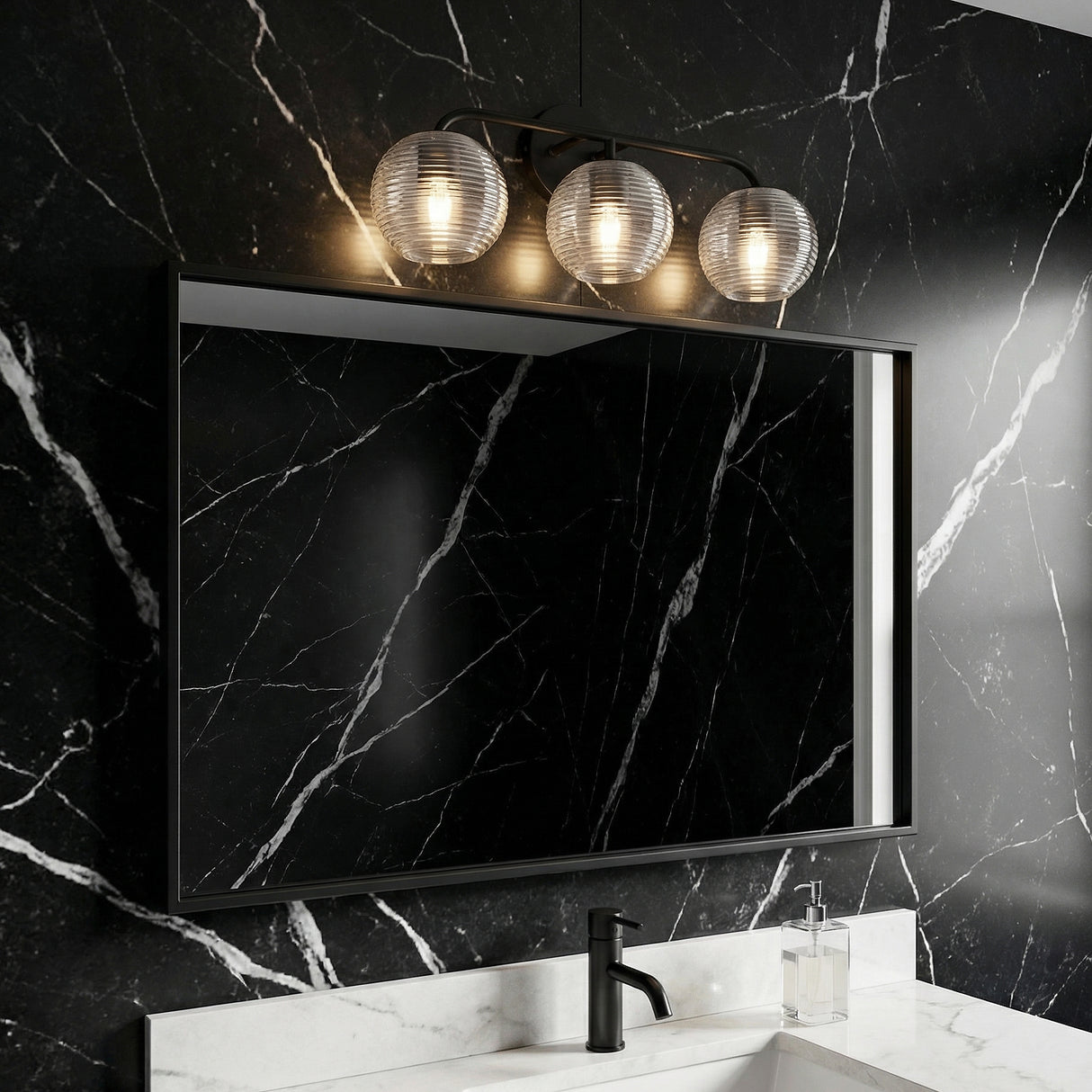 Ori 3 Light Vanity, Matte Black for Modern home with Black Marble