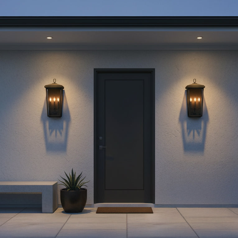 Leighton Outdoor Wall Light, Large 24" Black - Two black lanterns with glowing bulbs flank a dark grey door on a textured white wall, with a modern bench and potted plant to the left.
