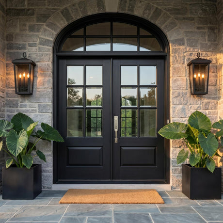 A traditional stone entry with two matte black wall lanterns flanking an arched black double door at dusk, featuring large potted elephant ear plants on slate tile.