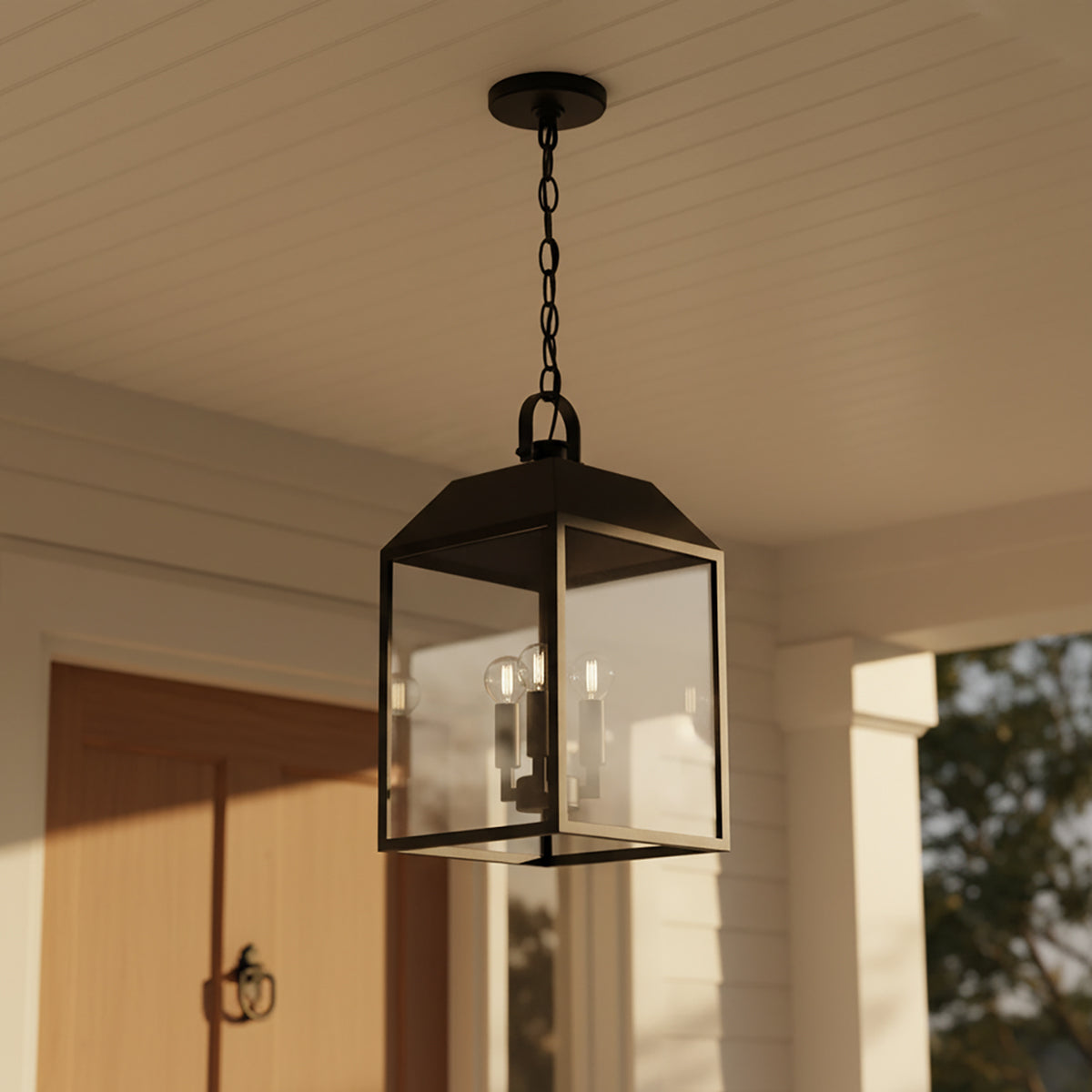 Porter Outdoor Hanging Light, Black for Modern Farmhouse home with White Siding