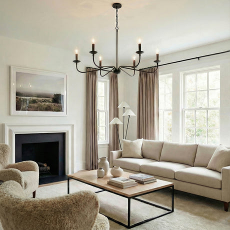 Oriana 6 Light Chandelier 40", Matte Black linear chandelier in a Transitional Living Room with boucle chairs and a wood coffee table.