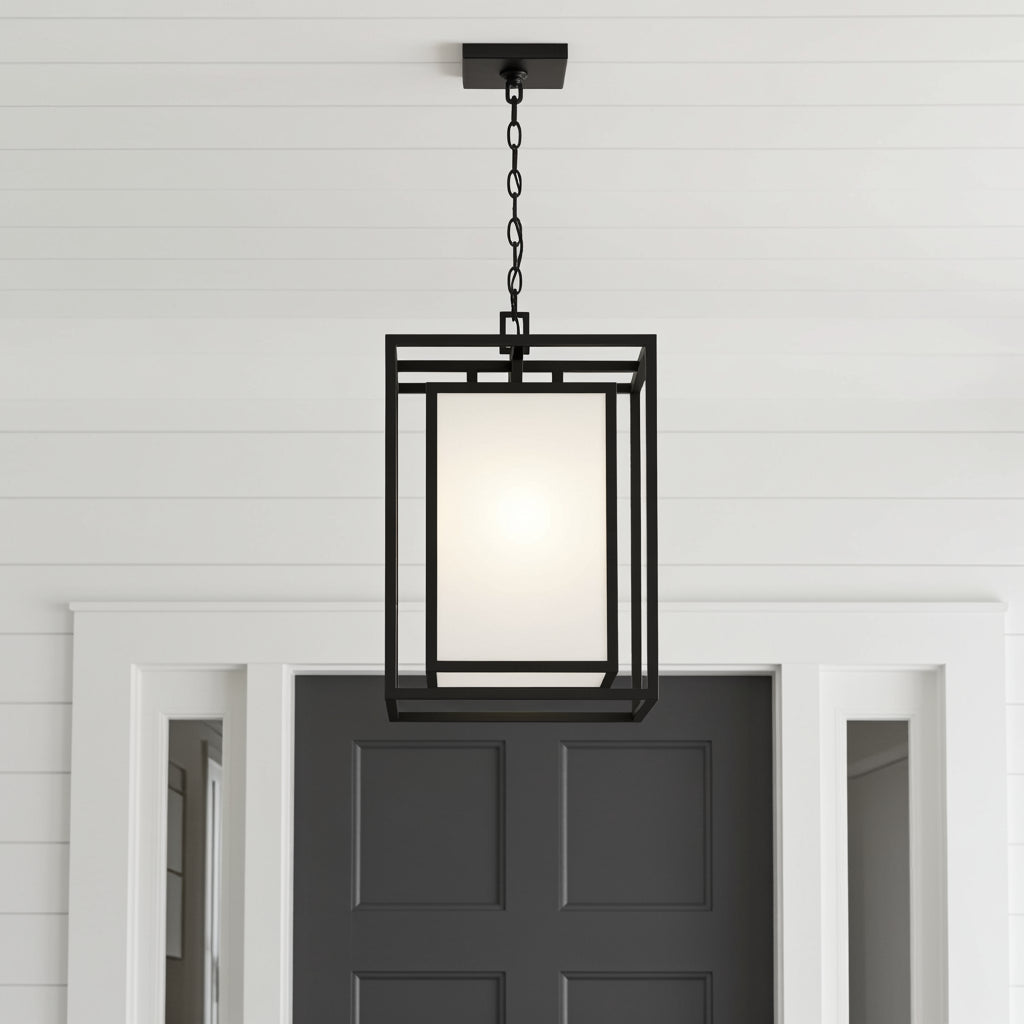 Orley Outdoor Hanging Light, Black for Modern Farmhouse home with White Siding