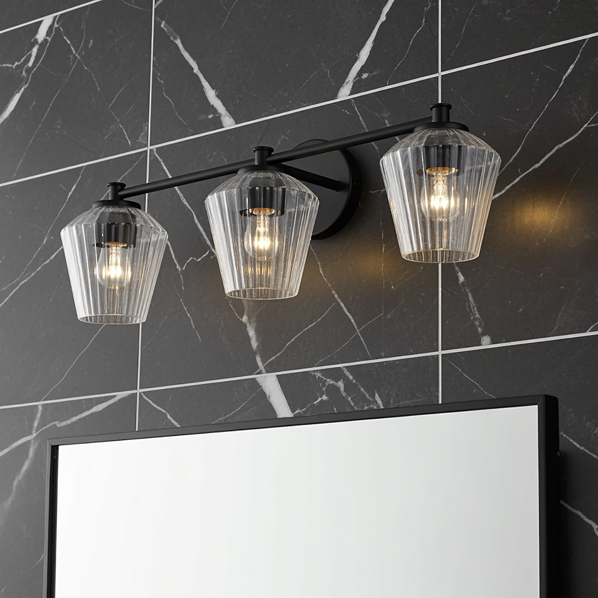 Sariel 3 Light Vanity, Matte Black for Modern home with Black Marble Tile