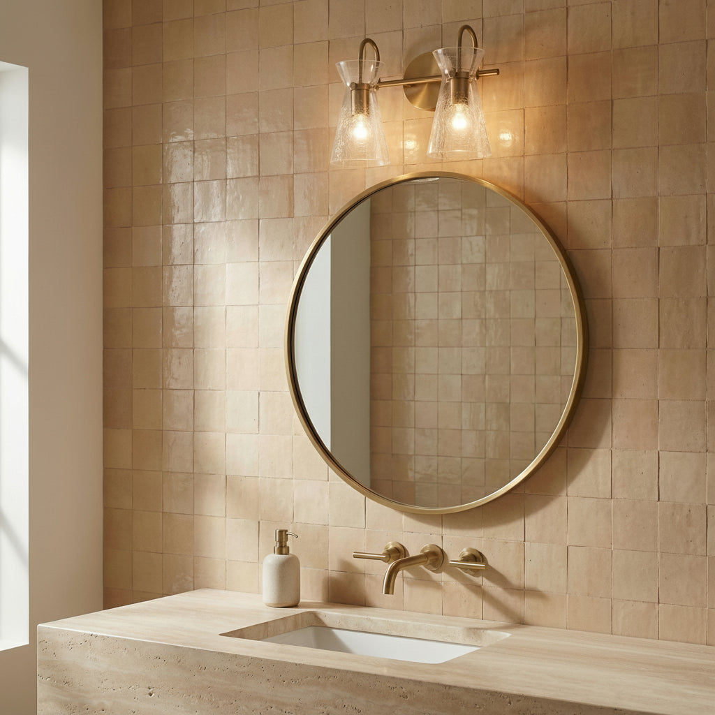 Aries 2 Light Vanity, Aged Brass for Modern home with Beige Tile