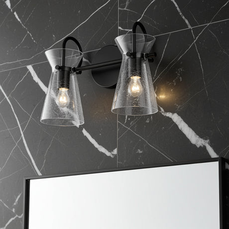 Aries 2 Light Vanity, Matte Black styled in a Modern Bathroom with marble tile.