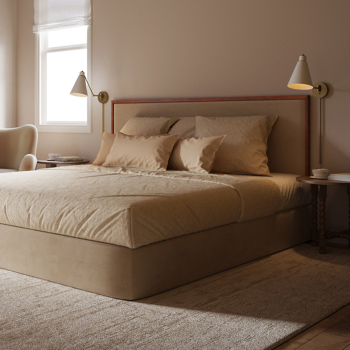 Cozy, large bedroom with two Avin Adjustable Wall Sconces in white next to the bed.